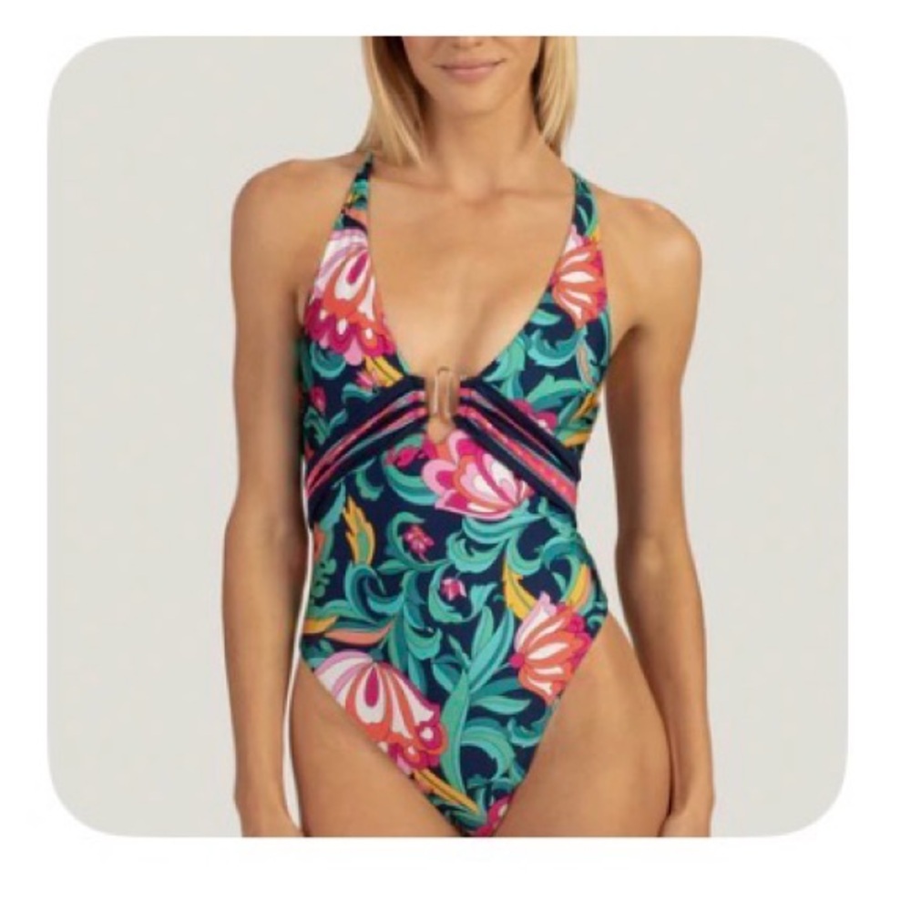 Trina Turk Sz 6 India Garden Plunge One Piece Floral Halter Swimsuit